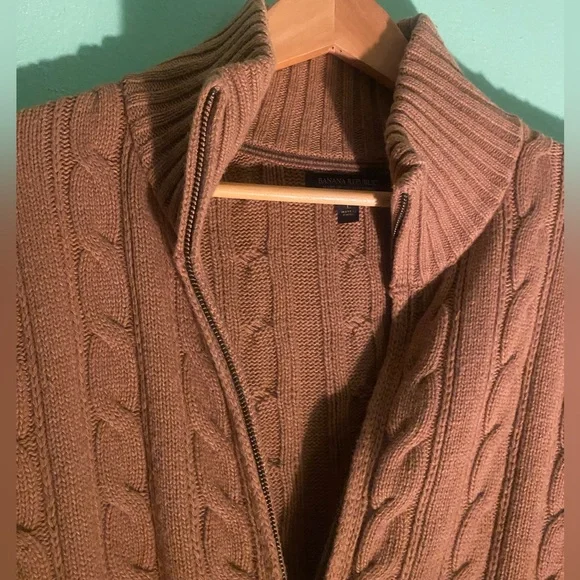 BANANA REPUBLIC MEN’s CHUNKY  YARN ZIPPED TAN CARDIGAN Sweater Lrg COZY - Picture 2 of 10